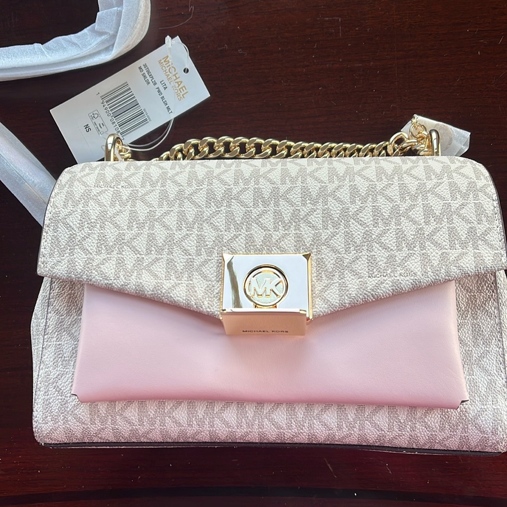 Michael Kors Lita bag, NWT, cream with leather shoulder strap and brass chain.